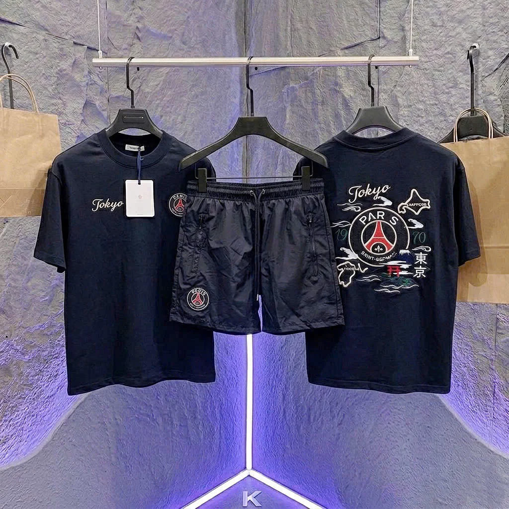 💝HOT💝 Bộ Cộc Tay Nam PARIS X TOKYO chính hãng thêuCotton Thoáng Khí Thêu Nổi Ngực Lưng, Mặc Mát Mẻ Đi Chơi