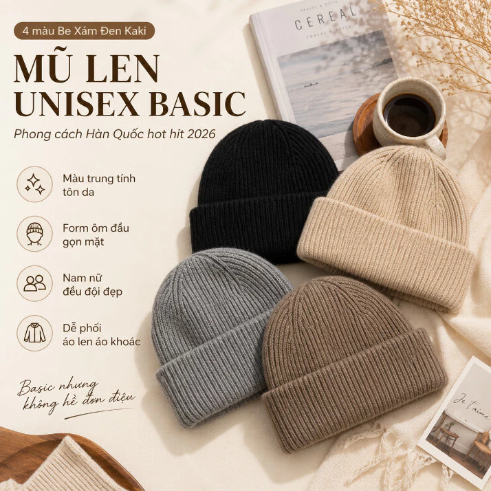 Mũ Len Hàn Quốc Vintage Mềm Ấm Cho Mùa Đông Unisex Dễ Phối Đồ Be Kaki Xám Đen 55-59cm