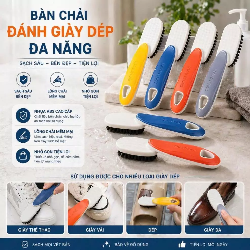 Bàn chải đánh giày dép SHOE BRUSH lông nhựa PP mềm mại, Bàn chải cầm tay đa năng giúp đánh bay các vết bẩn 5868