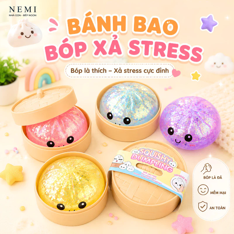 Bánh Bao Bóp Xả Stress NEMI, Đồ Chơi Mochi Squishy Siêu Mềm Màu Sắc Lấp Lánh, Phụ Kiện Trang Trí Hình Bánh Bao