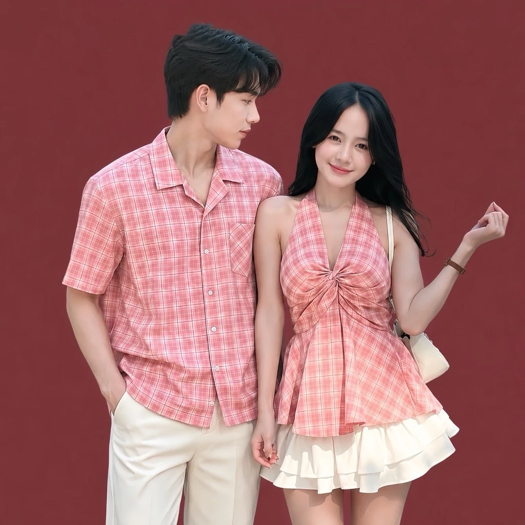 (S - 98) Set đồ đôi nam nữ couple áo yếm nữ xoắn ngực lưng chun kẻ caro và áo sơmi nam tay cộc,đồ đôi mặc cùng người yêu