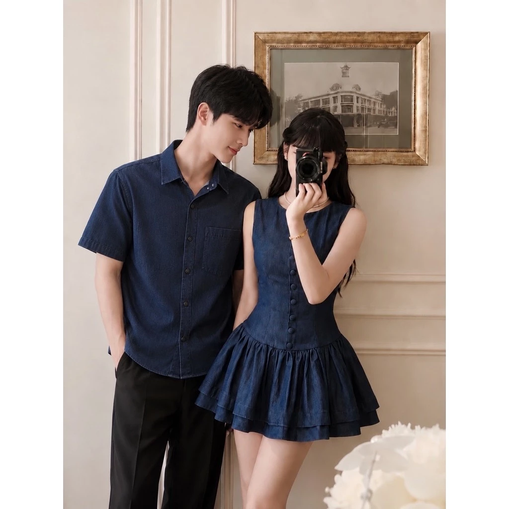 (S - 101 ) Set  đồ đôi nam nữ couple váy jean bò cúc bọc dáng xoè ngắn và áo sơmi nam tay cộc đồ đôi mặc cùng người yêu