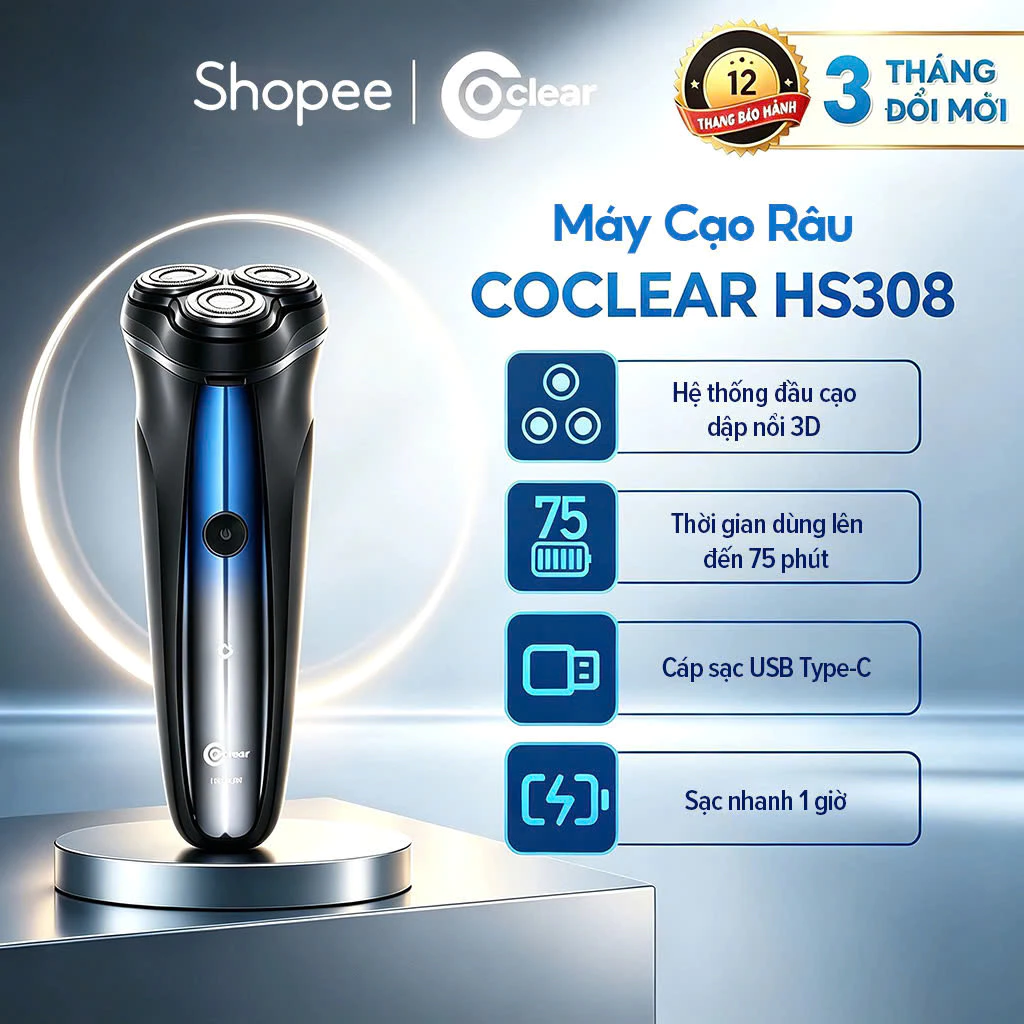 (LIVE)máy cạo râu điện Coclear HS308   Lưới dao kép 3D, sạc qua USB/type-C, 1h sạc/75 phút sử dụng, lưỡi dao tự mài