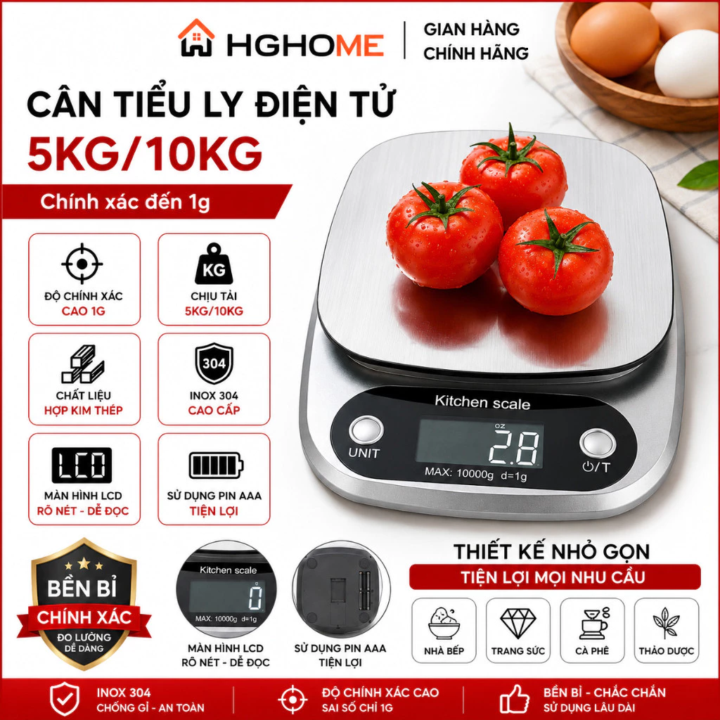 Cân Tiểu Ly Điện Tử Nhà Bếp INOX 304 5KG 10KG Độ Chính Xác Cao Chất Liệu Hợp Kim Thép Bền Bỉ - HGHOME