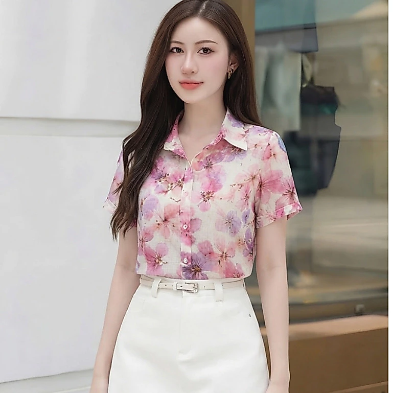 Áo Sơ Mi Nữ H4 Chất Voan Tơ Họa Tiết Hoa - Áo Sơ Mi Cộc Tay Form Suông Mặc Đi Làm, Đi Chơi Thoải Mái
