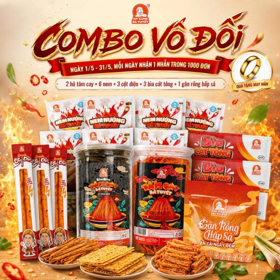 COMBO VÔ ĐỐI : 2 HŨ TĂM CAY TIÊU ĐEN VÀ TIÊU ĐỎ + 13 GÓI SNACK ƯỚT M65