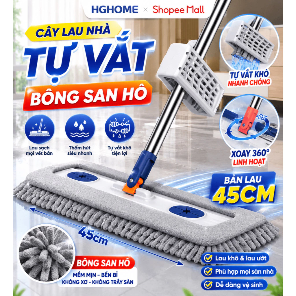 Cây Lau Nhà Tự Vắt Bông San Hô 45cm, Chổi Lau Nhà Tự Vắt Xoay 360 Độ Sợi Microfiber Siêu Thấm HGHOME