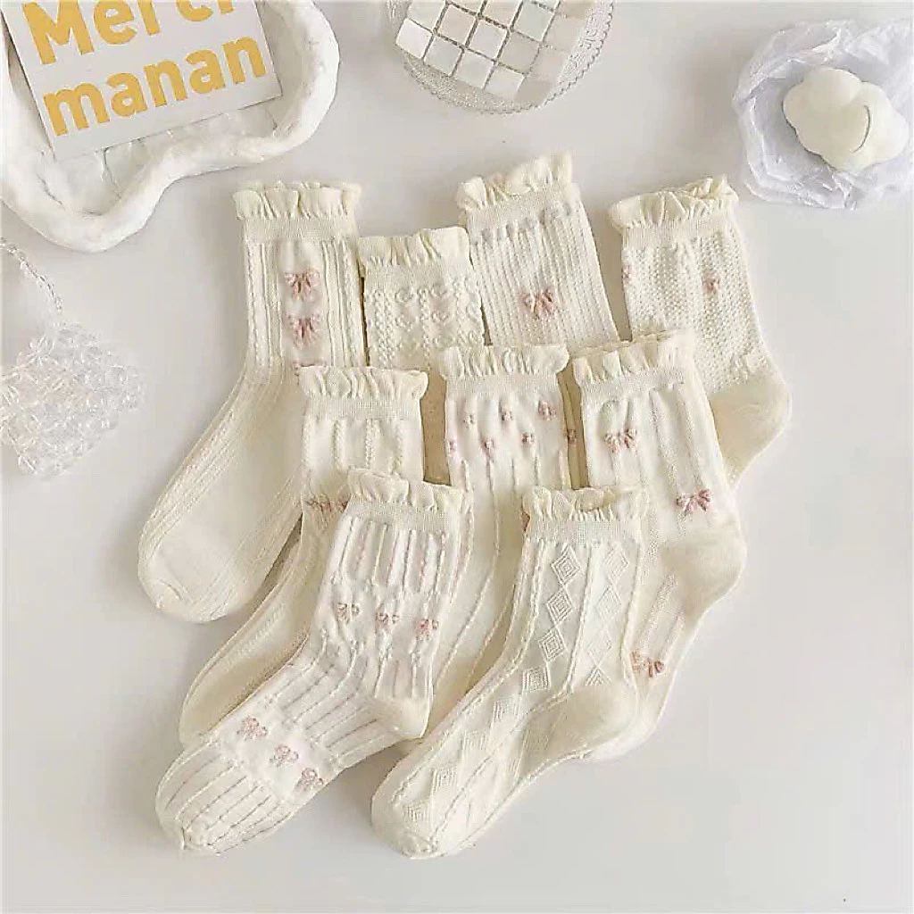 Combo 5 Đôi / 10 Đôi Tất Trắng Nữ Cổ Cao Thêu Nơ Tiểu Thư