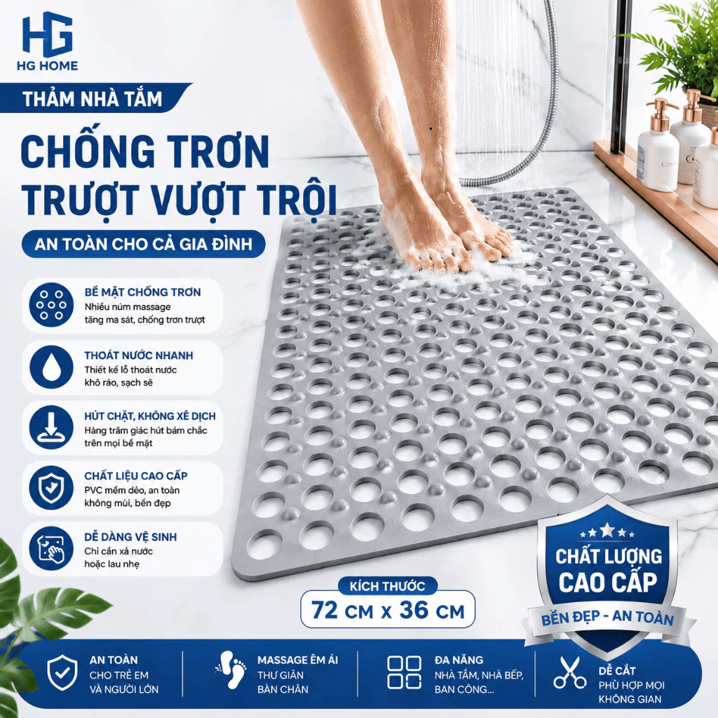 Thảm lót nhà tắm chống trơn trượt chất liệu cao su độ bám dính cao kích thước 72 CM x 36 CM - HGHOME