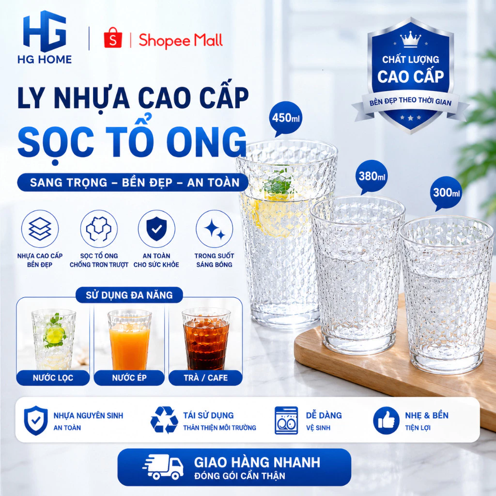 [ COMBO 10 CÁI ] Cốc Nhựa Tổ Ong 300ml,380ml,450ml Chịu Nhiệt Cao - HGHOME