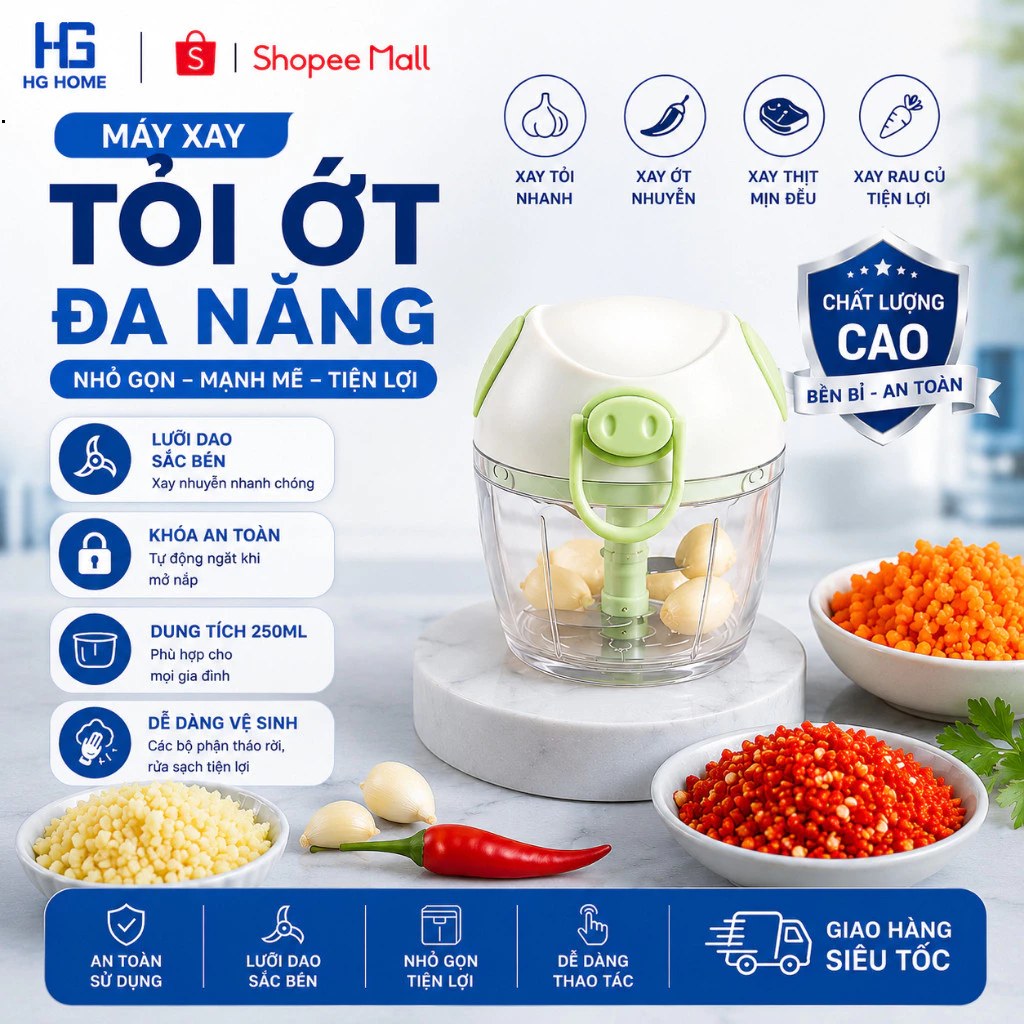 Máy xay tỏi ớt cầm tay 3 lưỡi dao xay tỏi ớt đa năng tiện lợi HGHOME