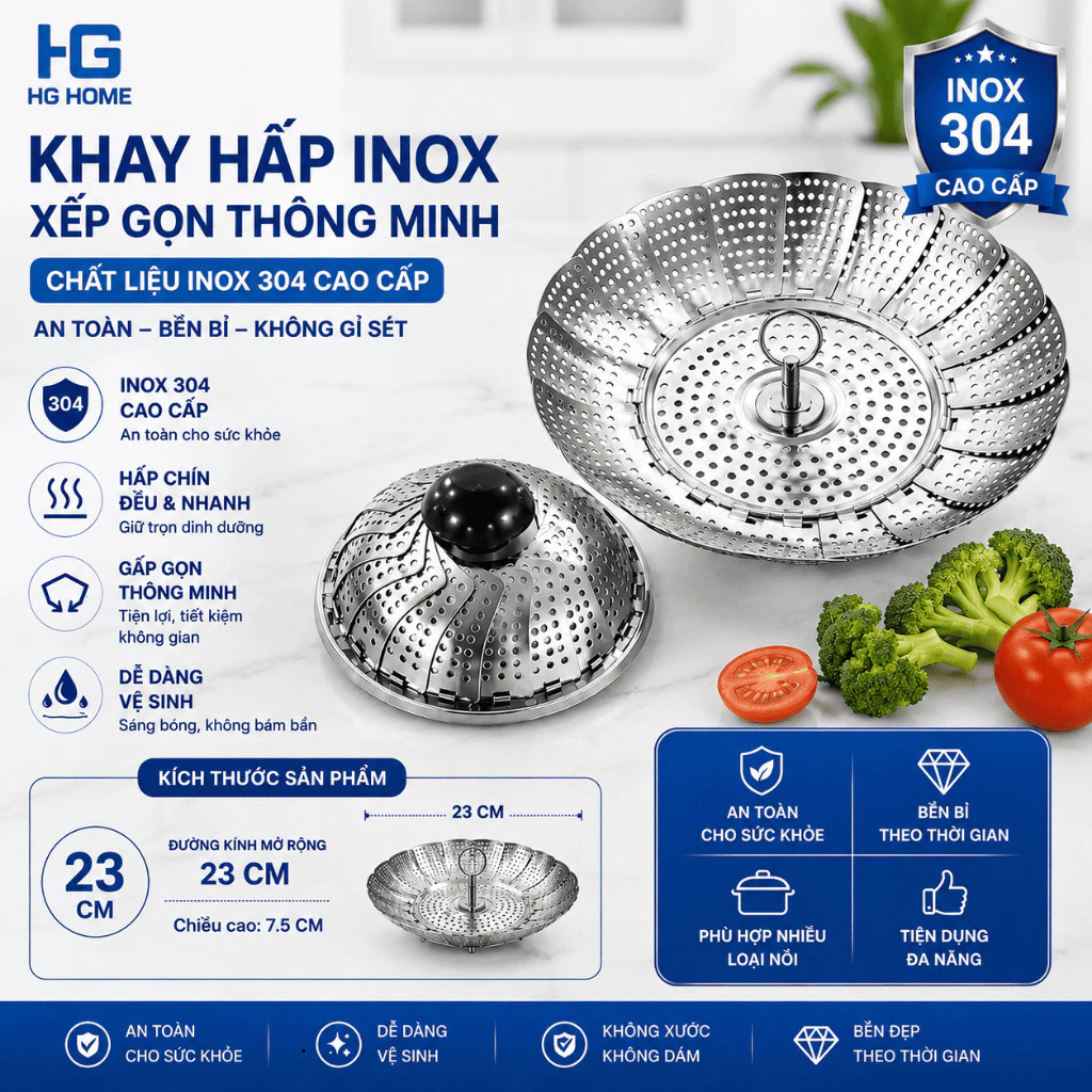 Khay Hấp 23 CM Chất Liệu Inox Xếp Gọn Đa Năng Tiện Lợi - HGHOME