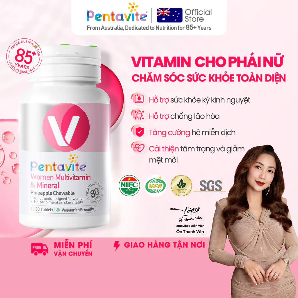Vitamin Pentavite Women Multivitamin dạng nhai, thiết kế riêng cho nữ, chứa 14 dưỡng chất, giúp duy trì sức sống cho da