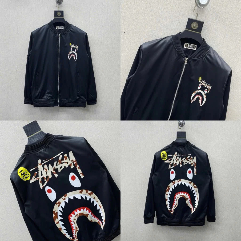 Áo Khoác Bomber Gió Nam Nữ In Hoạ Tiết Chữ Hình Miệng Cá Mập Loang Rằn Ri Hai Mặt Boy Phố Hot Trend 2026