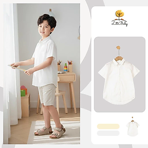 Áo bé trai tay ngắn trắng tinh khôi, thanh lịch LITIBABY 6/14 PH594