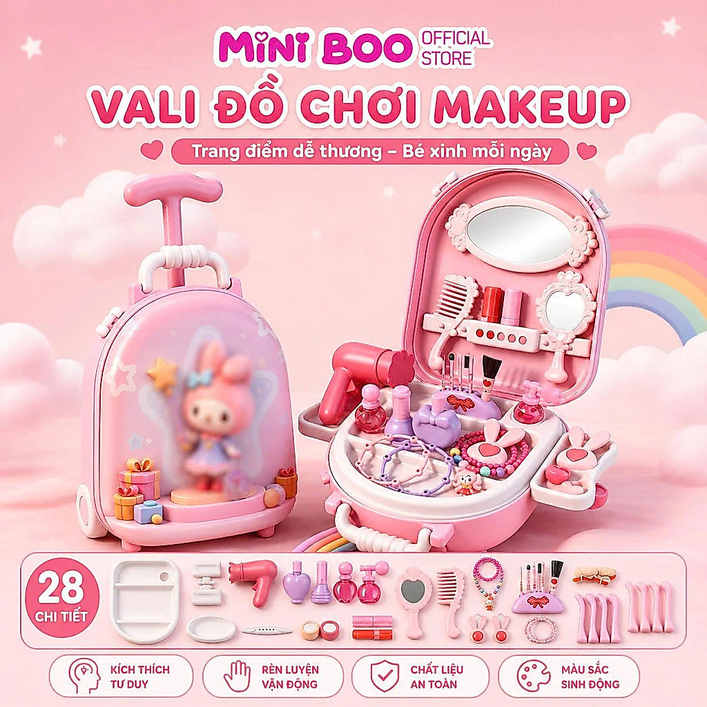 Vali Đồ Chơi Makeup  Cho Bé Gái, Bộ Trang Điểm Mini Có Bánh Xe Kéo MINI BOO