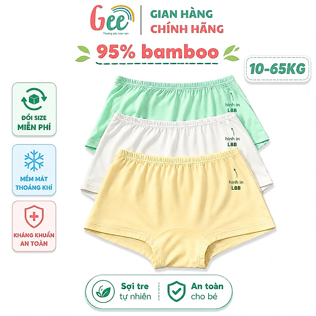 Set 3 quần chip cho bé gái Gee họa tiết dễ thương, 10-65kg, vải sợi tre, sợi sồi mềm mát, thấm hút, co giãn, kháng khuẩn
