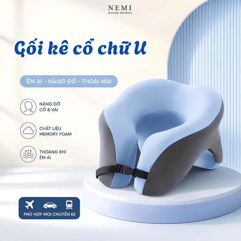 Gối Chữ U Kê Cổ NEMI Cao Su Non, Gối Kê Cổ Du Lịch Văn Phòng, Gối Ngủ Công Thái Học Hỗ Trợ Nâng Đỡ Cổ