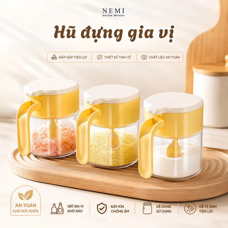 Hũ Đựng Gia Vị NEMI 360ml Có Chốt Khoá Kín Kèm Thìa, Lọ Đựng Gia Vị Thuỷ Tinh Chống Ẩm Tay Cầm Chắc Chắn