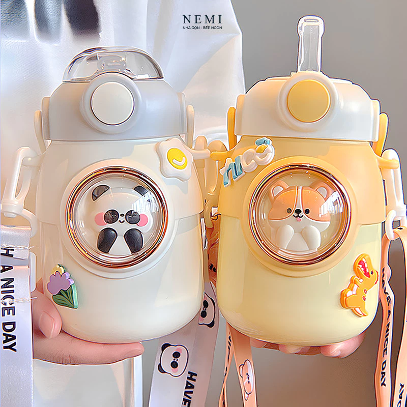 Bình Giữ Nhiệt Cho Bé NEMI 650ml Inox 304, Bình Nước Giữ Nhiệt Đi Học Có Dây Đeo, Kèm Sticker Dễ Thương