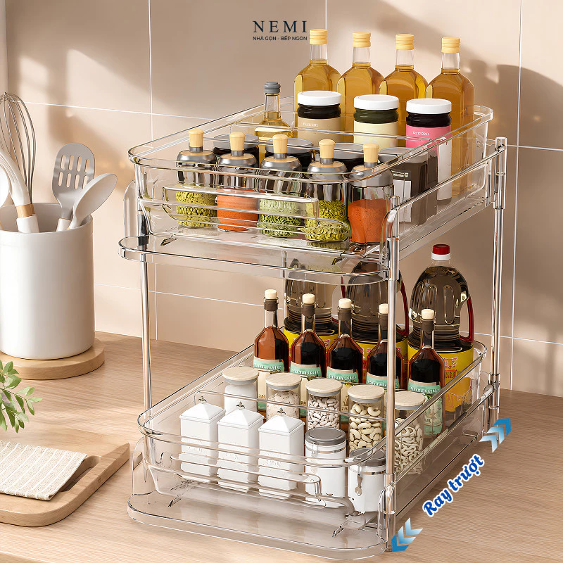 Kệ Đựng Đồ 3 Tầng NEMI Nhựa PET Trong Suốt, Kệ Để Đồ Có Ray Trượt Đa Năng, Tiết Kiệm Diện Tích