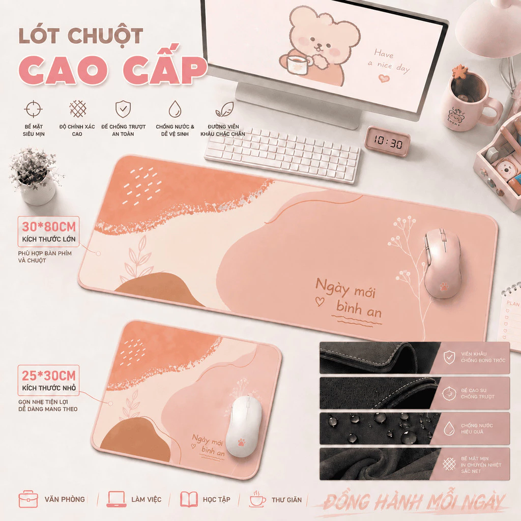 Bàn di chuột pastel hoa lá, phong cách tối giản, chống nước, trang trí bàn làm việc đẹp, size 80*30 & 25*30.