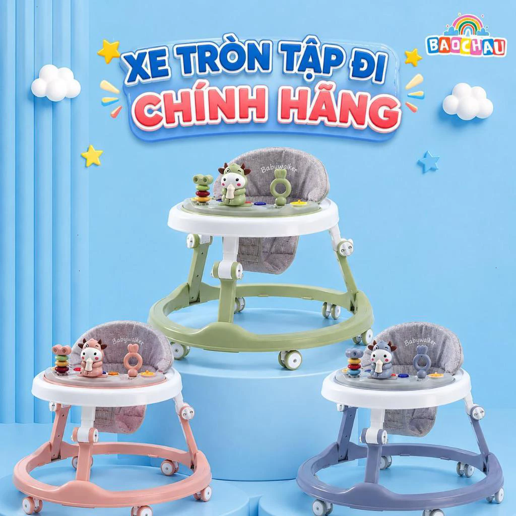 🧸𝑴𝒊𝒆̂̃𝒏 𝑺𝒊́𝒑🧸Xe Tròn Tập Đi Hình Chú Bò có bàn ăn dặm và đồ chơi nhạc đèn mã 603T có lót chân