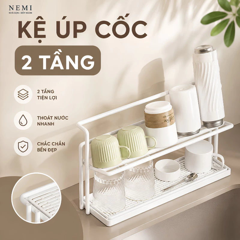 Kệ Úp Cốc 2 Tầng NEMI Có Khay Hứng Nước Tháo Rời, Giá Để Ly Cốc Chén Để Bàn Nhà Bếp Thoáng Khí Chống Trượt Cao Cấp