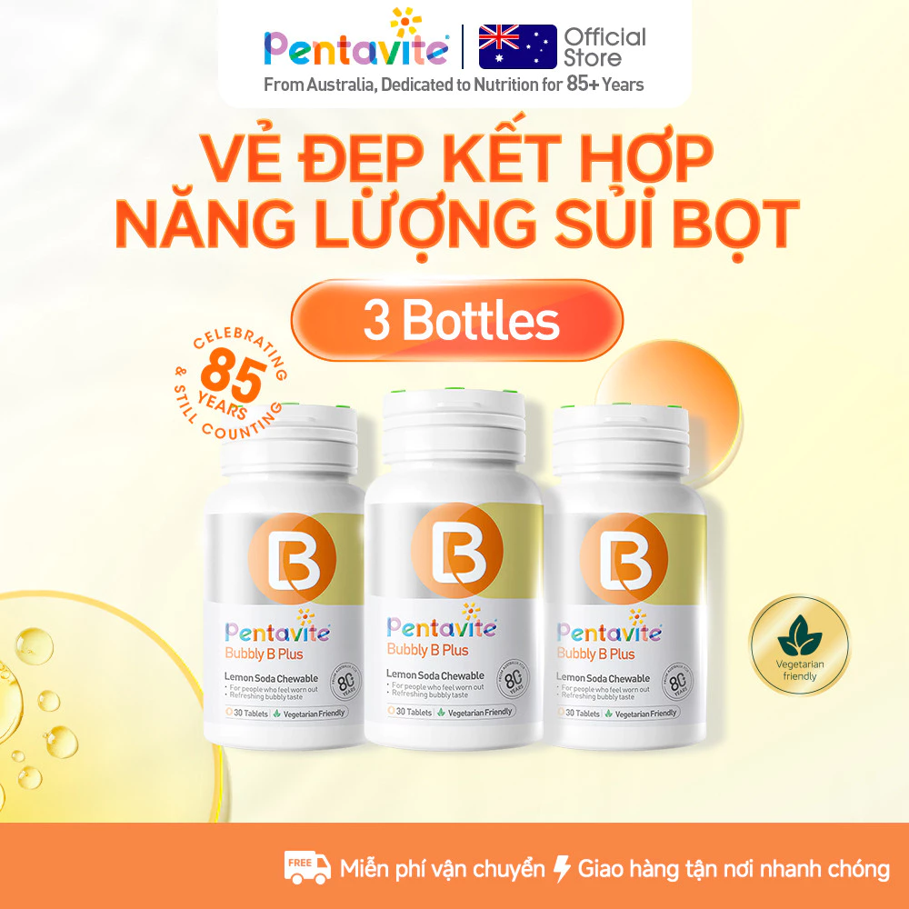 Pentavite Bubbly B Plus 3 hộp 90 viên - Bổ sung Vitamin B Complex & Taurine, hỗ trợ giảm mệt mỏi, da sáng tóc khỏe
