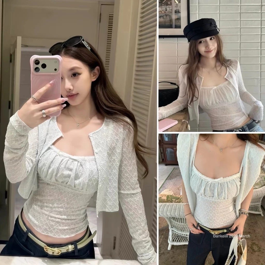 [HÀNG QC sẵn- Deal mở bán] Set áo hay dây ren trám mix cardigan mỏng dài tay Bankelili S3857