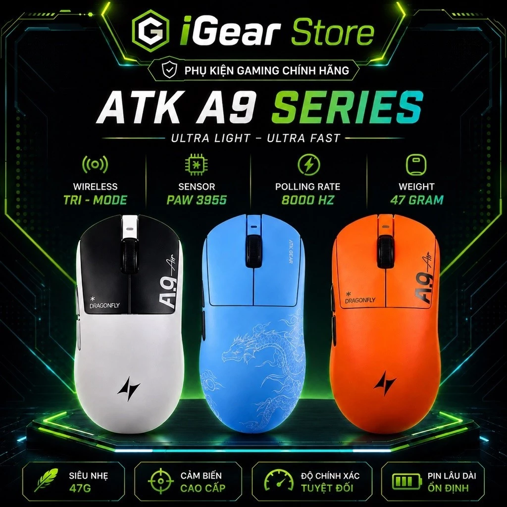 Chuột Gaming Không Dây ATK A9 Air Ultimate | 8KHz | PAW3950 Ultra | Siêu Nhẹ 47G | Nano Coating