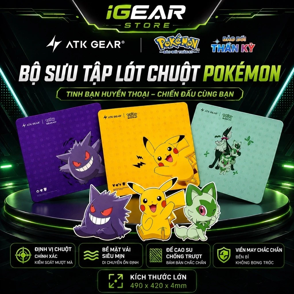PAD ATK GEAR Pokémon Mouse Pad 490×420×4mm – Lót Chuột Gaming Pikachu Chính Hãng