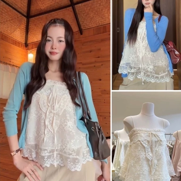 [Hàng sẵn] Áo hai dây ren tiểu thư  bèo tầng hoa ren kem Emma Top A3843