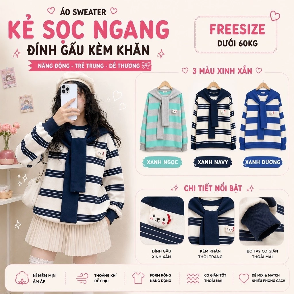 Áo Swetter Kẻ Sọc Ngang Đính Gấu Kèm Khăn Nữ. Áo Nỉ Form Rộng Phong Cách Hàn Quốc