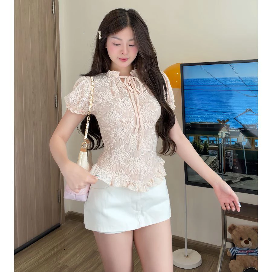 QueenStore Áo Ren Nữ Cộc Tay Dáng Ôm Bo Chun Vạt Bầu Milasu Áo Kiểu Cổ Bèo Buộc Dây Nơ 558