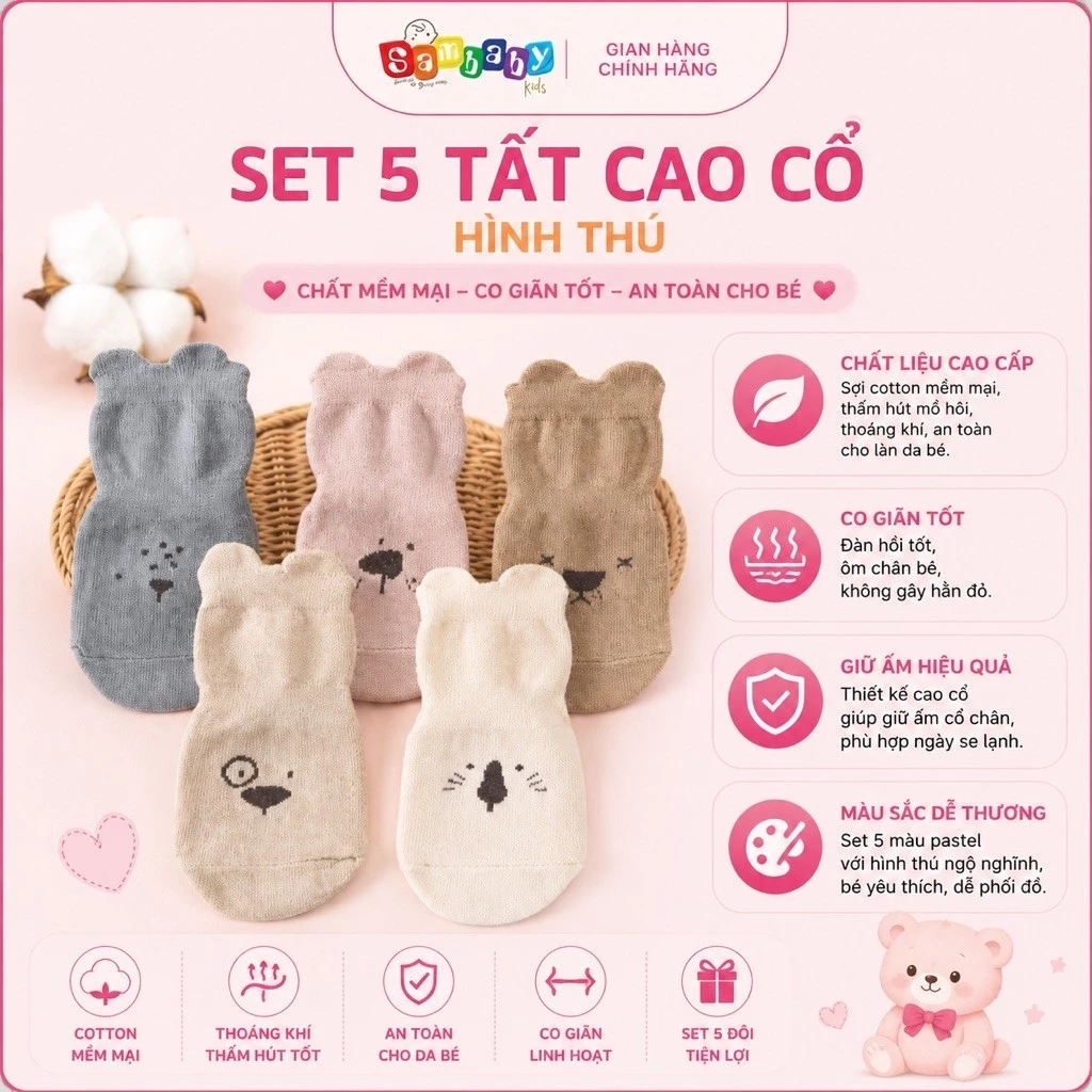Sét 5 Tất Cao Cổ Chống Trượt Hình Mặt Thú Đáng Yêu
