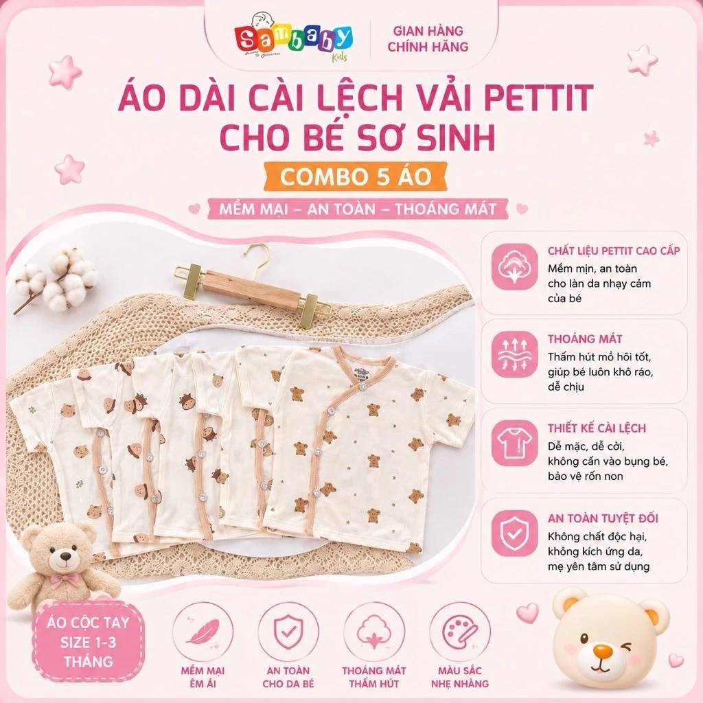 Combo 5 áo dài cài lệch vải pettit cho bé sơ sinh siêu mát, siêu mềm