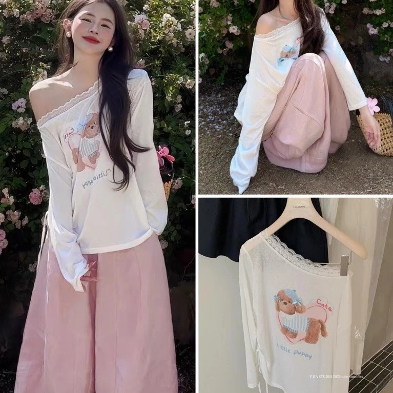 [HÀNG QC sẵn] Áo thun giấy lệch vai mặc 2 kiểu in hình CÚN NƠ dễ thương Long Sleeve Shirt A3850