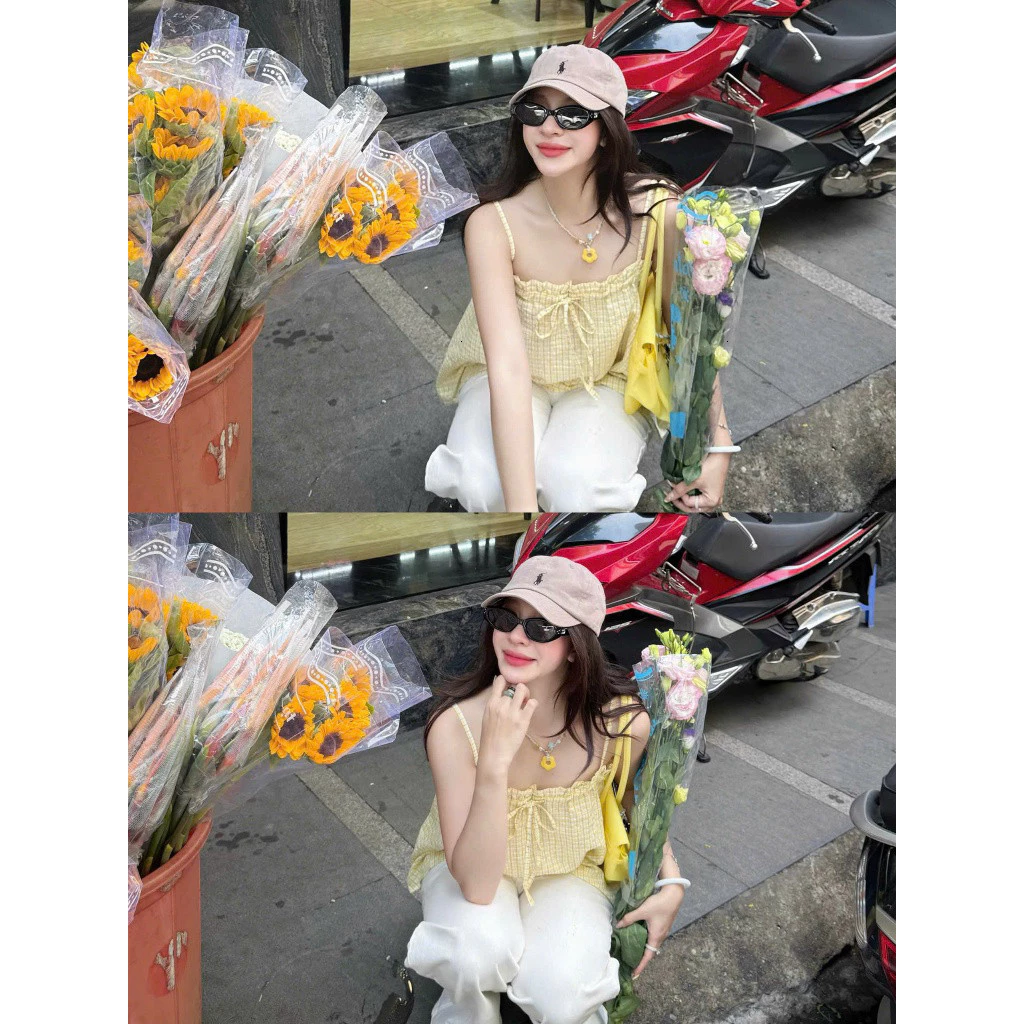 QueenStore (ẢNH OLDSCHOOL) Áo 2 dây nữ kate thô mùa hè kẻ vàng A374 Zuzu Top
