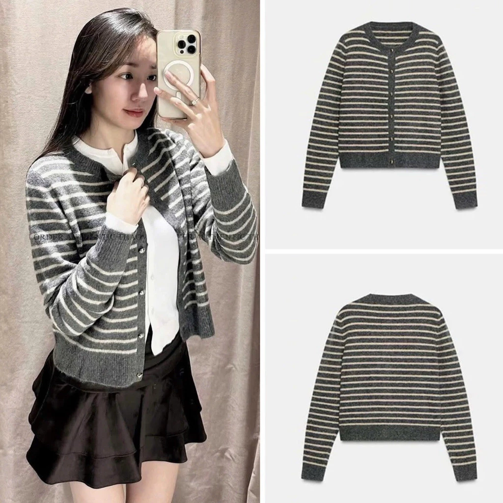 Áo Len Cardigan Nữ Màu Xám Kẻ ZN09 Phối Cúc Bấm Xinh Hàng QC Chất Mềm Dễ Phối Đồ