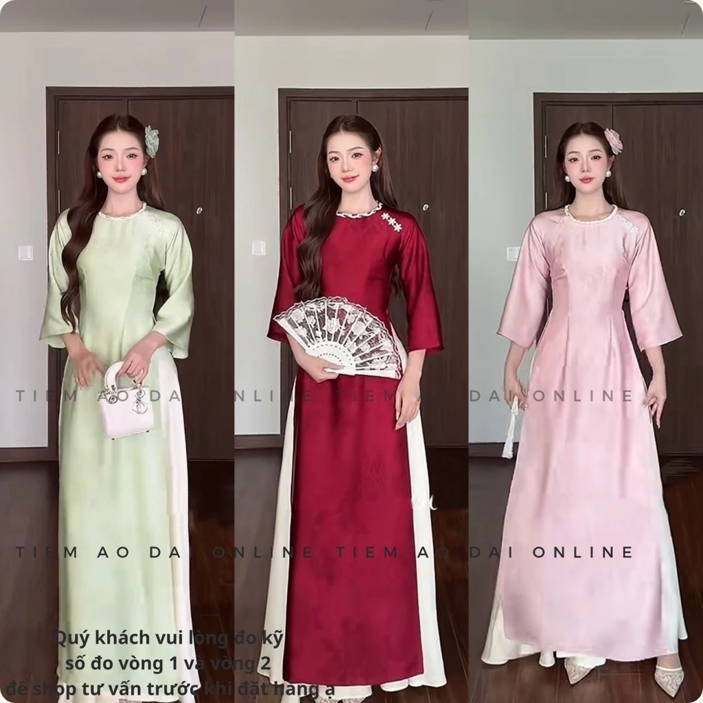 Áo Dài nữ cổ tròn Truyền Thống Tay Lỡ Đính Hoa Nổi Dịu Dàng Sang Trọng Dự Tiệc, Chụp Ảnh, Tết