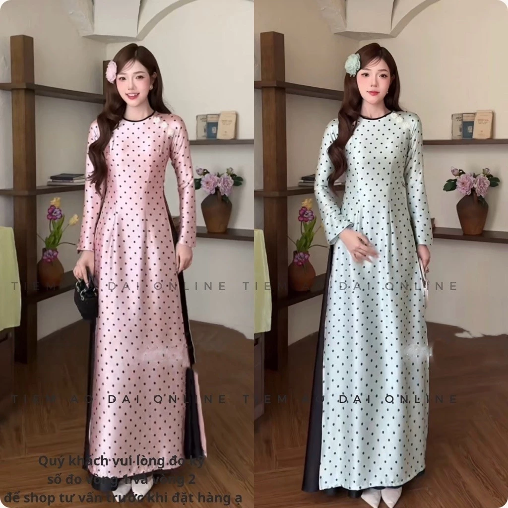 Áo Dài Chấm Bi  Cao Cấp 🤍 Áo Dài Truyền Thống Tôn Dáng, Chất Lụa Mềm Mát, Thanh Lịch, Dự Tiệc, Chụp Ảnh, Kỷ Yếu