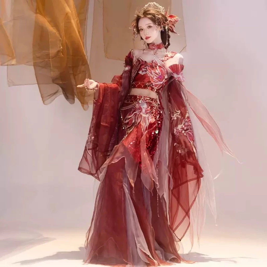 Đầm Cổ Trang Nữ Đỏ Quyến Rũ Phong Cách Tiên Hiệp Hán Phục Dự Tiệc Biểu Diễn Chụp Ảnh Cosplay