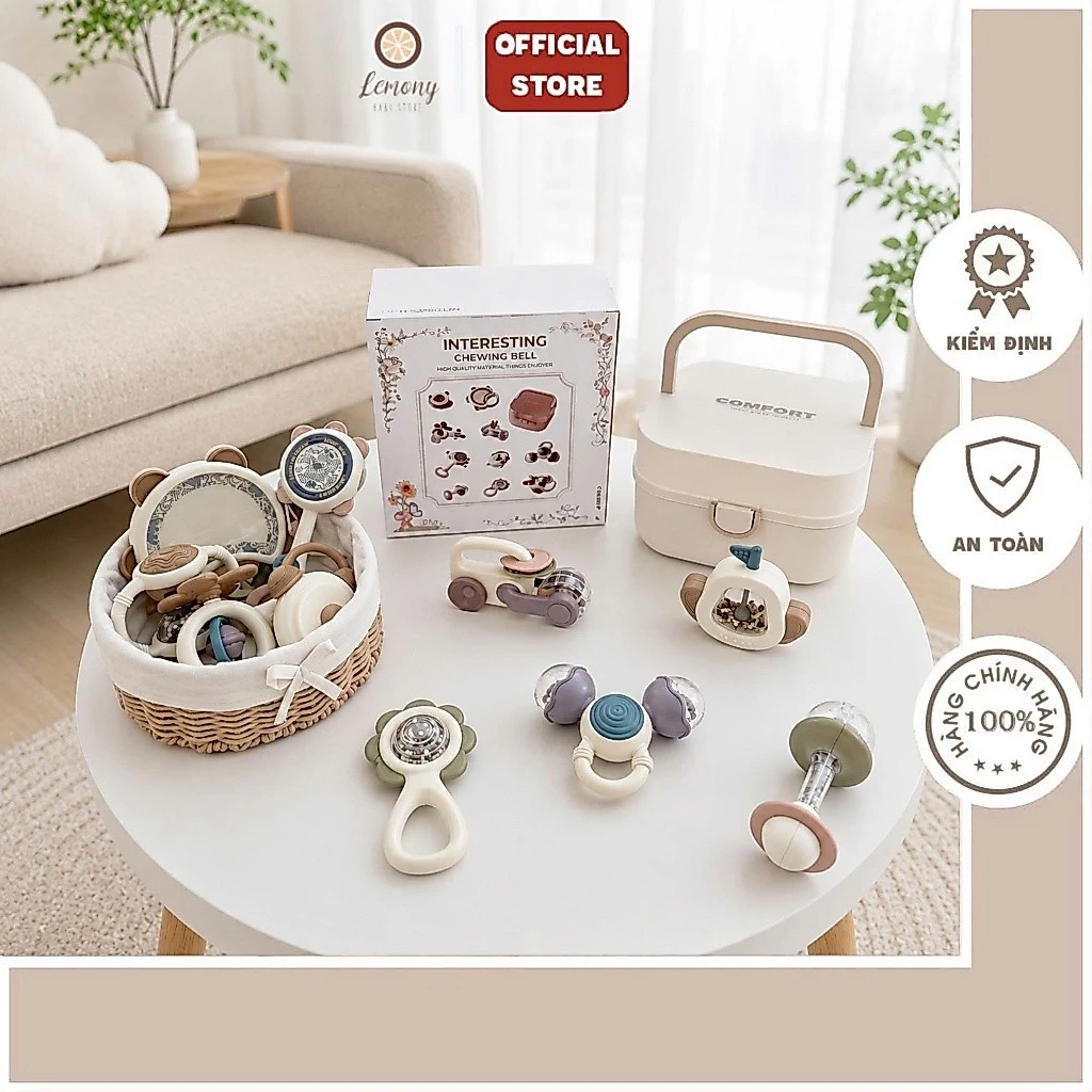 Set Xúc Xắc Lục Lạc Chewing Bell 10 Chi Tiết Cho Bé, Đồ Chơi Cầm Nắm Kèm Gặm Nướu, Có Hộp Đựng Tiện Lợi