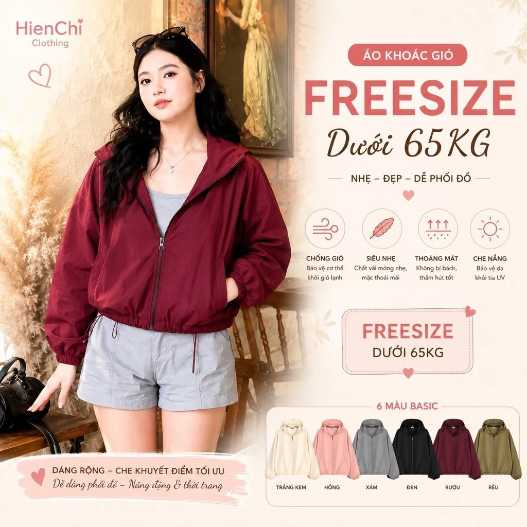 Áo Khoác Gió Nữ Dáng Ngắn Freesize Dưới 65kg Có Mũ Mỏng Nhẹ Chống Gió Chống Nắng 6 Màu