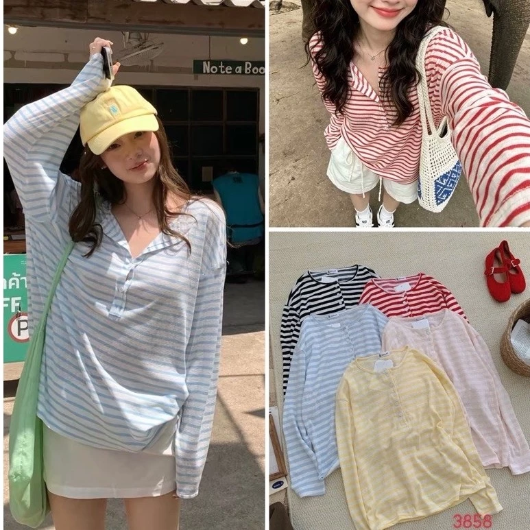 [Hàng QC sẵn] Áo thun dày dặn dài tay form rộng kẻ ngang nhiều màu gài cúc  DORY TOP A3853