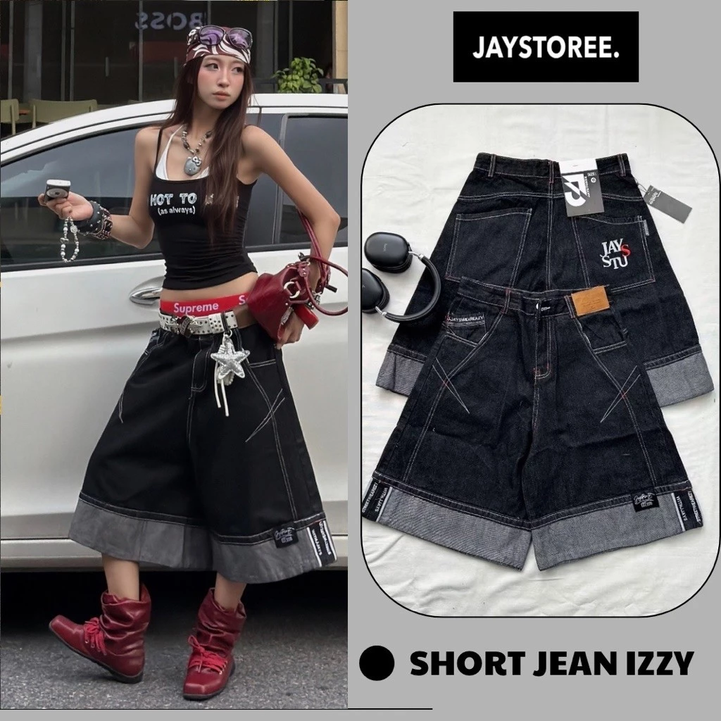 IZZY SHORT JEAN - Quần short Denim form Lửng Ống Rộng Tag Da Gấp Line From Rộng Cho Nam Và Nữ Brand Jaystoree