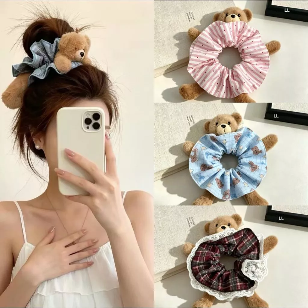 Scrunchies gấu dễ thương. Dây buộc gấu phối vải đáng yêu cho bạn gái