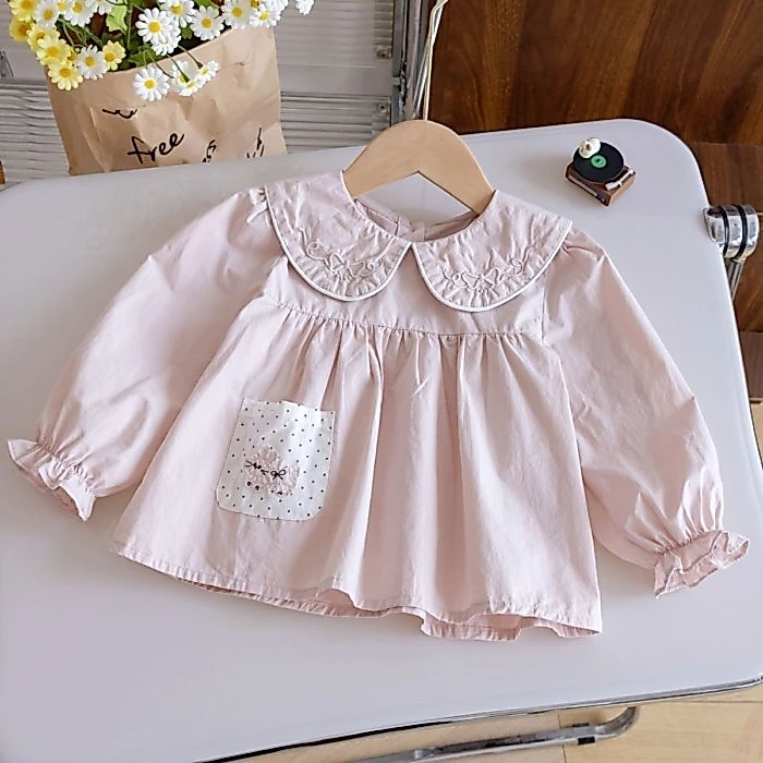 Áo sơ mi cổ búp bê thêu nơ công chúa chấm bi cho bé gái