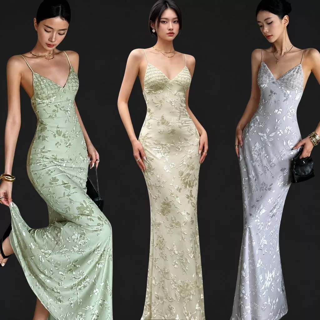 734 - Đầm Hai Dây Hở Lưng Hoạ Tiết Hoa Ép Nhung